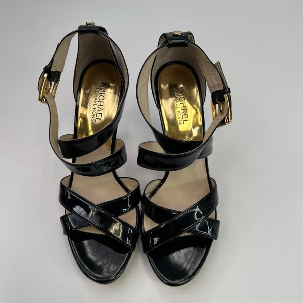 Michael Kors Heel Women 9 Leather Ankle Strap High Shiny Logo Work Party Core Go - Picture 2 of 12